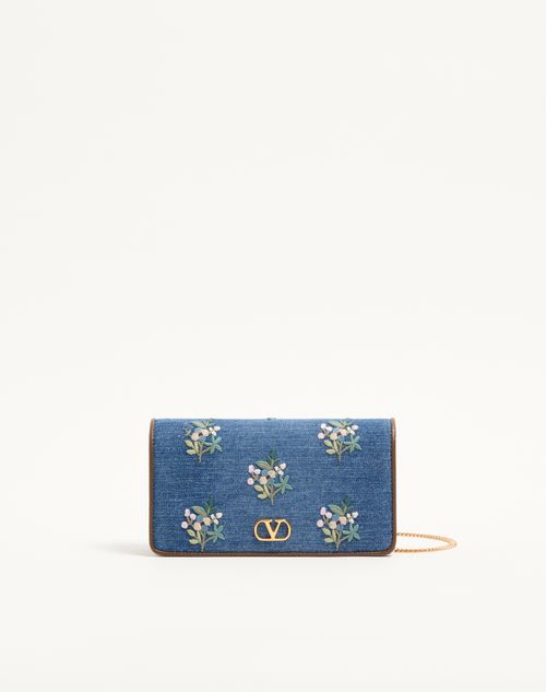Valentino Garavani - Valentino Garavani Vlogo Signature Mini Shoulder Bag In Denim With Floral Embroidery - Denim - Woman - Clutches
